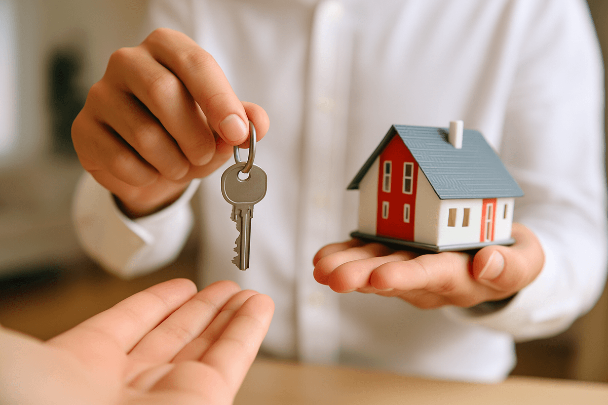 Hands holding a model house and keys